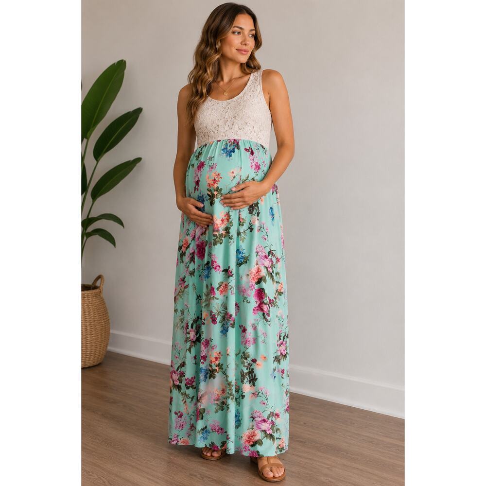 Pink Blush Maternity Floral Lace Maxi Dress Mint Cream Sleeveless Size Small